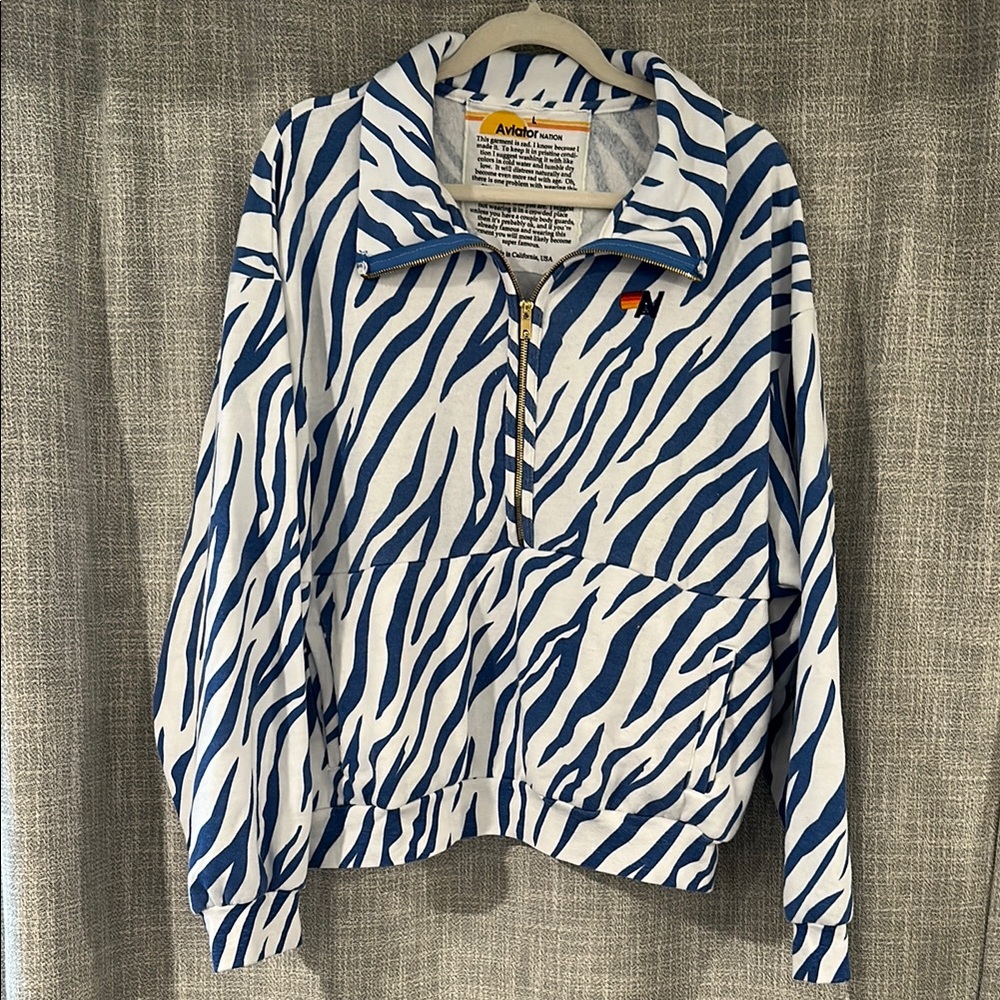 Aviator Nation Quarter Zip Sweatshirt Blue and White Zebra Print Pullover